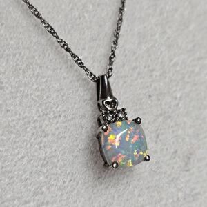 Cushion Cut White Fire Opal 925 Sterling Silver Cutout Heart Pendant Necklace